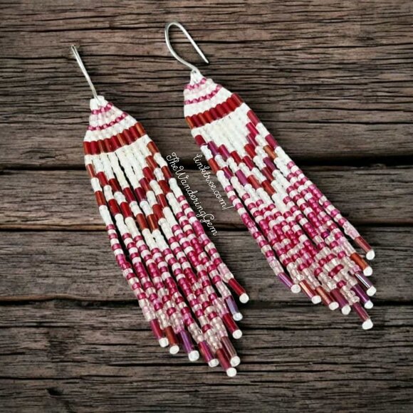 Boho Chic Beaded Fringe Cascade Dangle Earrings, Plum & White, 4" - Picture 2 of 8